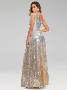 Color=Silver | Deep V Neck A-Line Sleeveless Sequin Evening Dresses-Silver 2