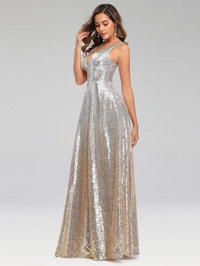 Color=Silver | Deep V Neck A-Line Sleeveless Sequin Evening Dresses-Silver 3