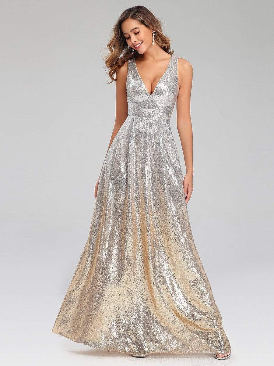 Color=Silver | Deep V Neck A-Line Sleeveless Sequin Evening Dresses-Silver 4