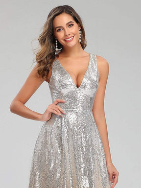 Color=Silver | Deep V Neck A-Line Sleeveless Sequin Evening Dresses-Silver 5