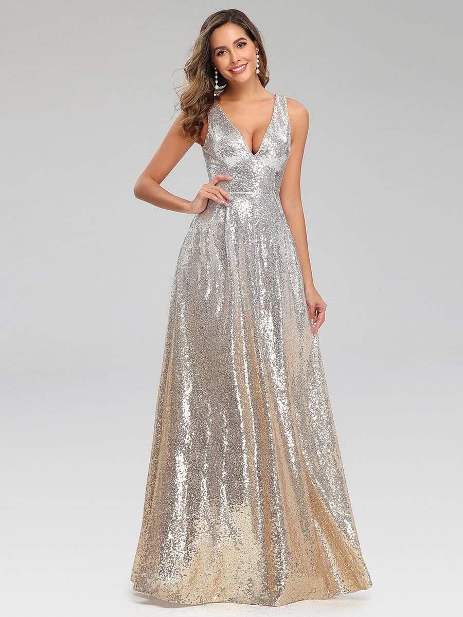 Color=Silver | Deep V Neck A-Line Sleeveless Sequin Evening Dresses-Silver 1