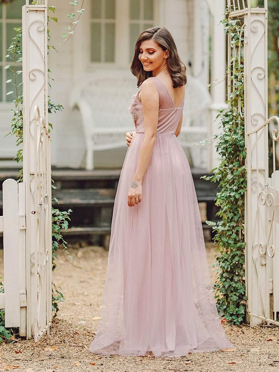 Color=Pink | Floral Appliqued V Neck Floor Length Tulle Bridesmaid Dress-Pink 6