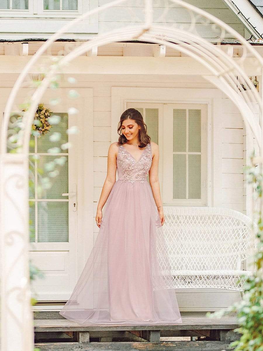 Color=Pink | Floral Appliqued V Neck Floor Length Tulle Bridesmaid Dress-Pink 9