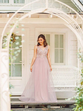 Color=Pink | Floral Appliqued V Neck Floor Length Tulle Bridesmaid Dress-Pink 9