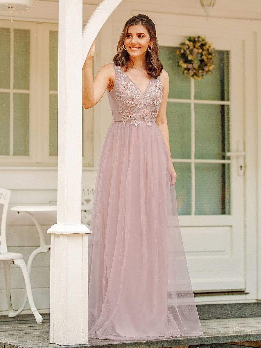 Color=Pink | Floral Appliqued V Neck Floor Length Tulle Bridesmaid Dress-Pink 1