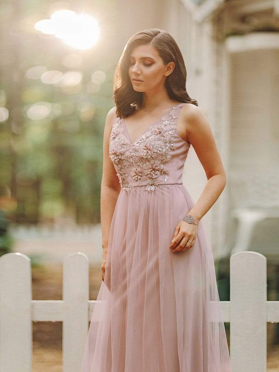 Color=Pink | Floral Appliqued V Neck Floor Length Tulle Bridesmaid Dress-Pink 2