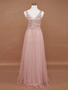 Color=Pink | Floral Appliqued V Neck Floor Length Tulle Bridesmaid Dress-Pink 7