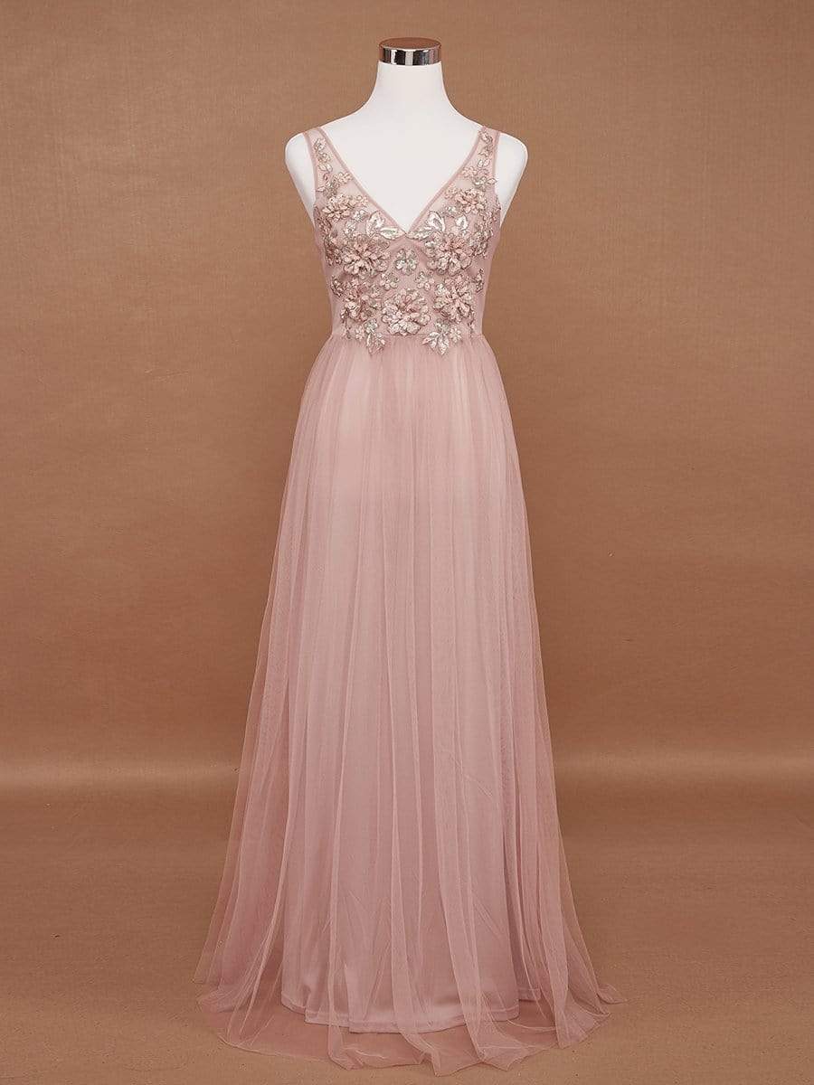 Color=Pink | Floral Appliqued V Neck Floor Length Tulle Bridesmaid Dress-Pink 7