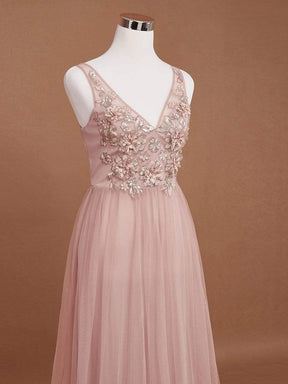 Color=Pink | Floral Appliqued V Neck Floor Length Tulle Bridesmaid Dress-Pink 8