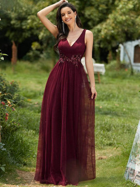 Color=Burgundy | Elegant Deep Double V Neck Tulle Evening Dress With Appliques-Burgundy 1