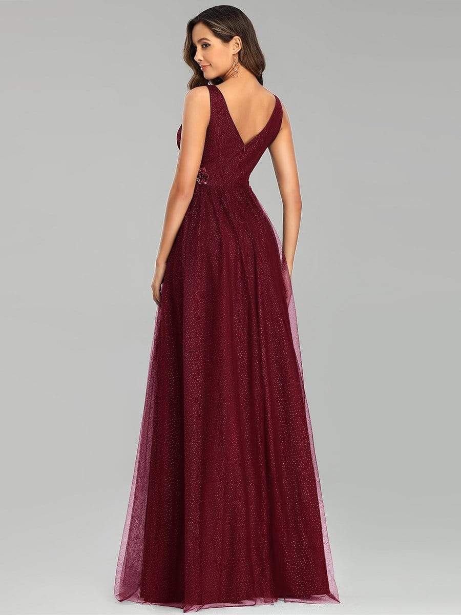 Color=Burgundy | Elegant Deep Double V Neck Tulle Evening Dress With Appliques-Burgundy 5