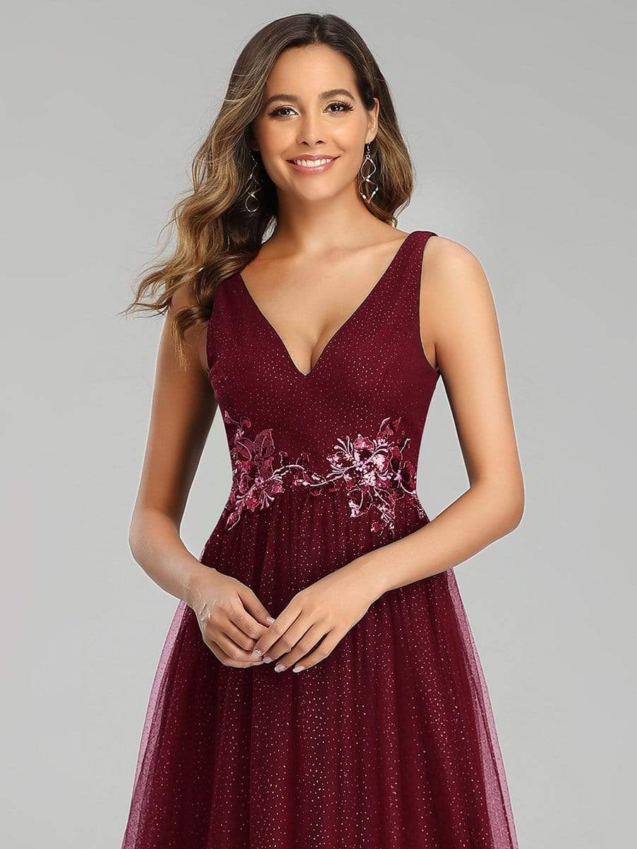 Color=Burgundy | Elegant Deep Double V Neck Tulle Evening Dress With Appliques-Burgundy 3