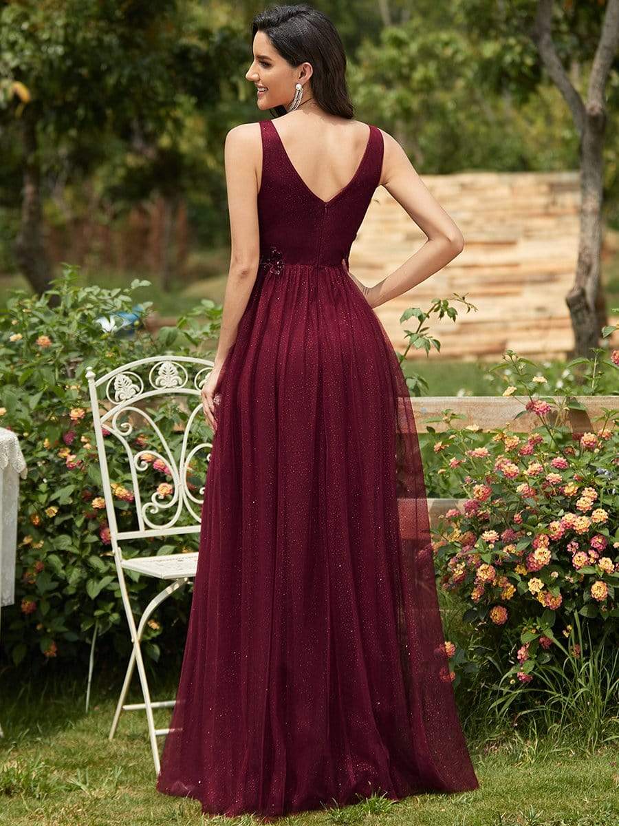 Color=Burgundy | Elegant Deep Double V Neck Tulle Evening Dress With Appliques-Burgundy 2