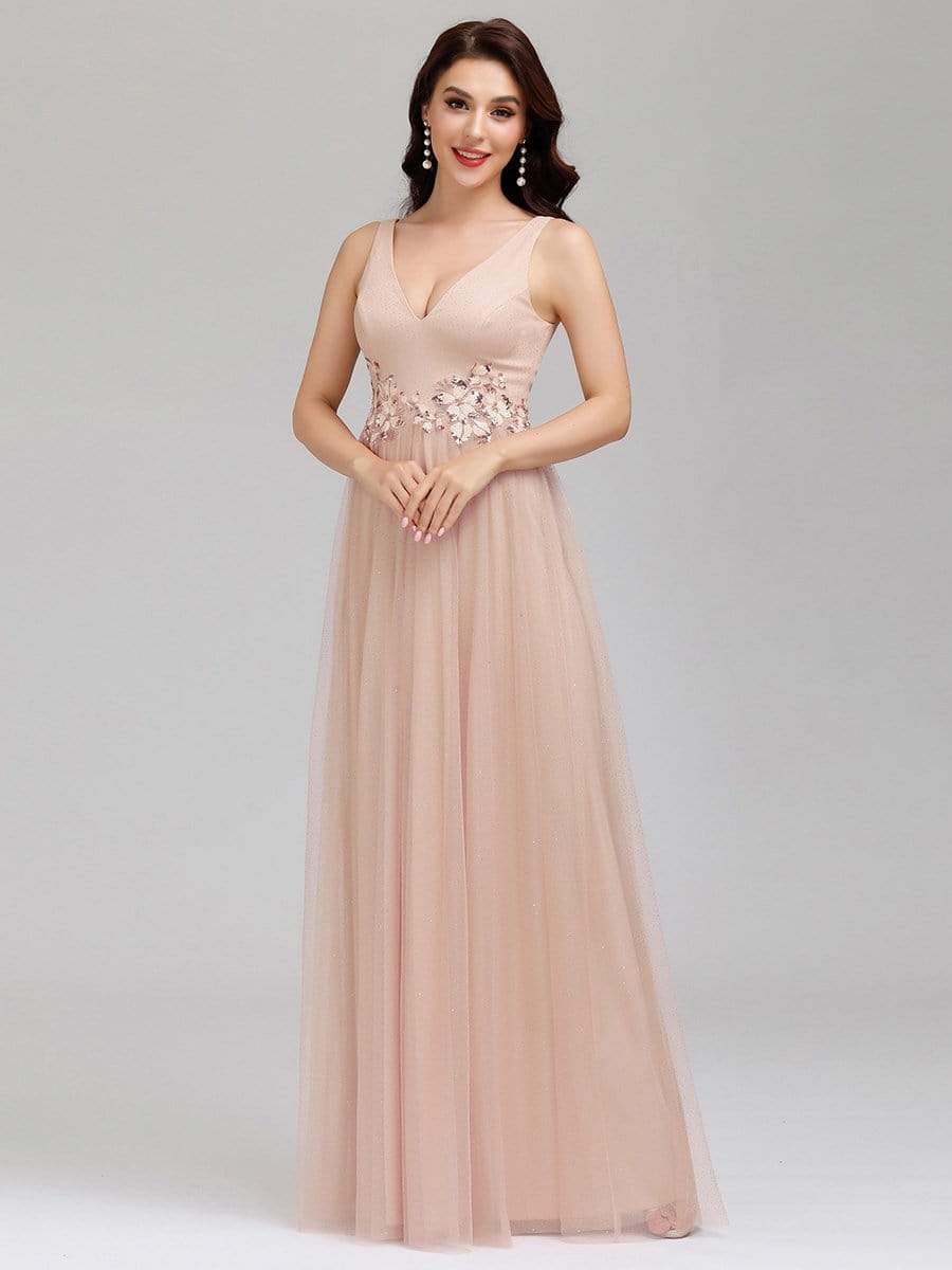 Color=Blush | Elegant Deep Double V Neck Tulle Evening Dress With Appliques-Blush 9