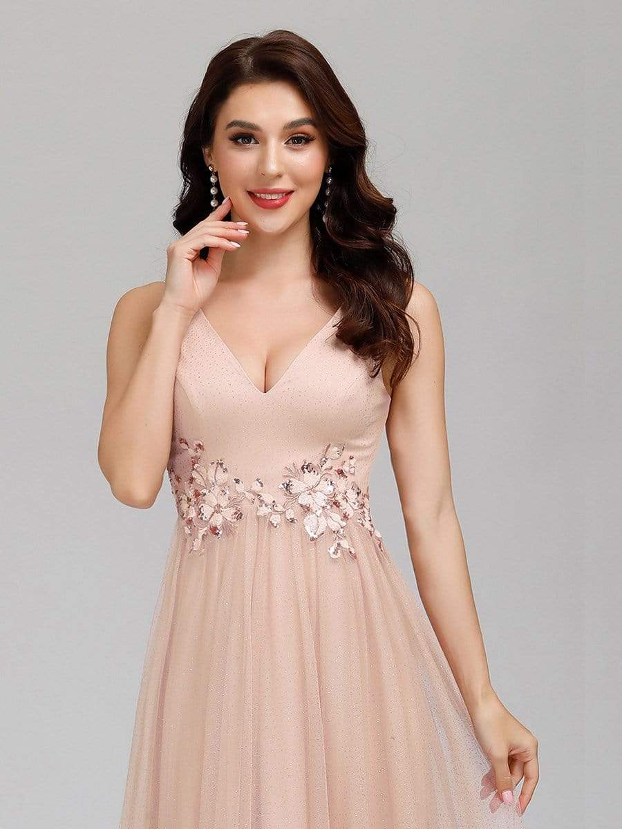 Color=Blush | Elegant Deep Double V Neck Tulle Evening Dress With Appliques-Blush 10