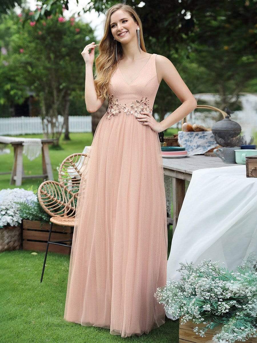 Color=Blush | Elegant Deep Double V Neck Tulle Evening Dress With Appliques-Blush 4