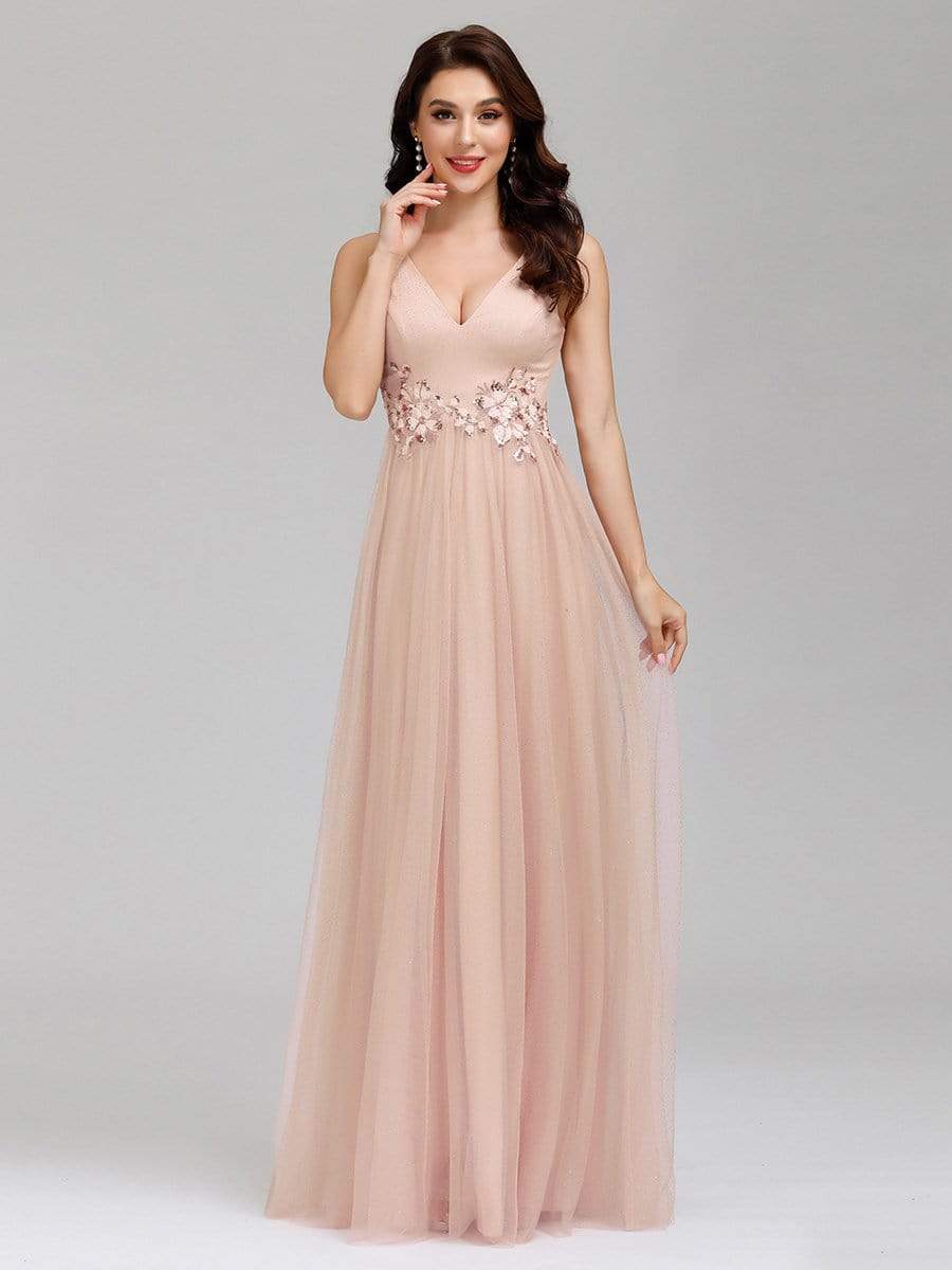 Color=Blush | Elegant Deep Double V Neck Tulle Evening Dress With Appliques-Blush 6