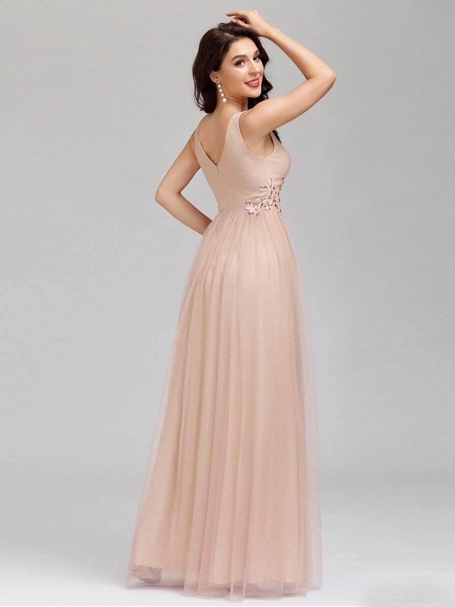 Color=Blush | Elegant Deep Double V Neck Tulle Evening Dress With Appliques-Blush 7