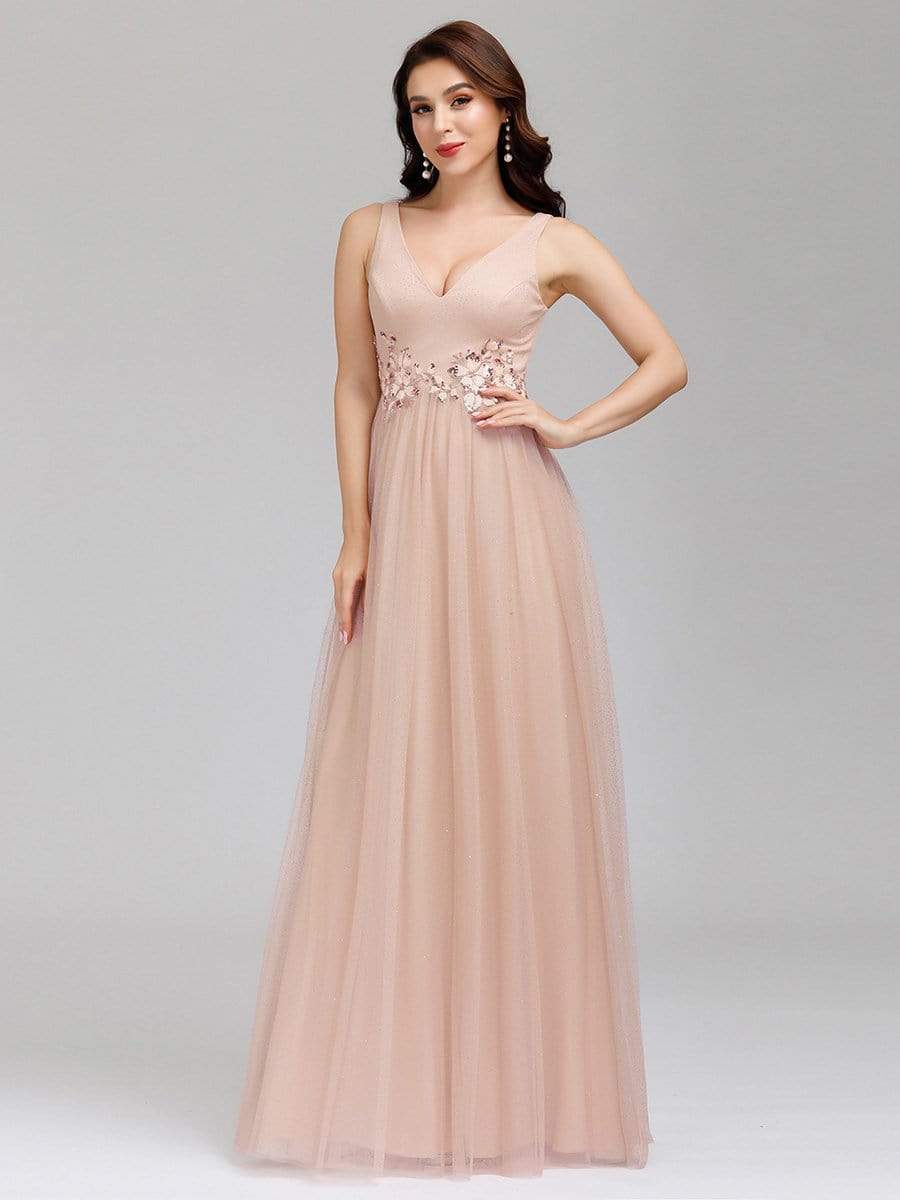 Color=Blush | Elegant Deep Double V Neck Tulle Evening Dress With Appliques-Blush 8