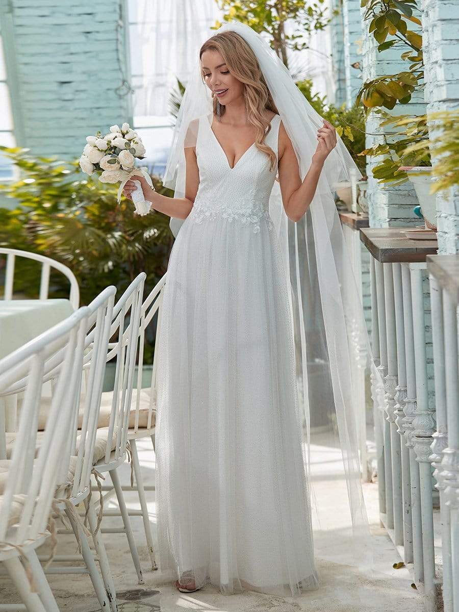 Color=Cream | Romantic V Neck Tulle Wedding Dress With Appliques-Cream 1