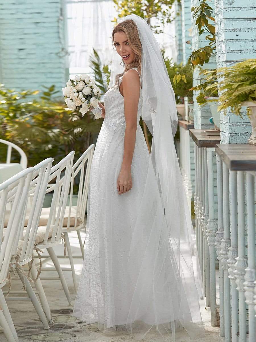 Color=Cream | Romantic V Neck Tulle Wedding Dress With Appliques-Cream 2