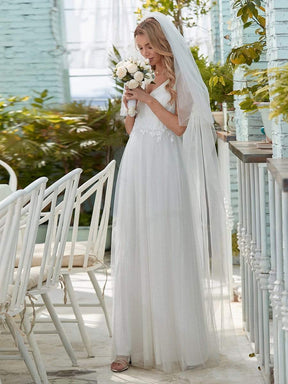 Color=Cream | Romantic V Neck Tulle Wedding Dress With Appliques-Cream 4