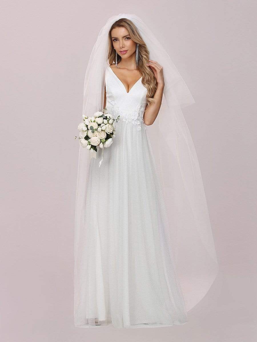 Color=Cream | Romantic V Neck Tulle Wedding Dress With Appliques-Cream 5