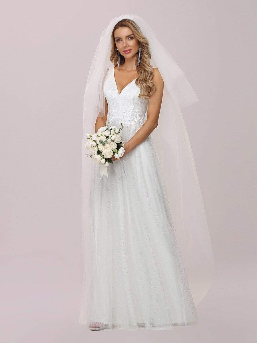 Color=Cream | Romantic V Neck Tulle Wedding Dress With Appliques-Cream 6