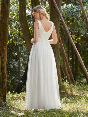Color=Cream | Elegant Deep Double V Neck Tulle Evening Dress With Appliques-Cream 2