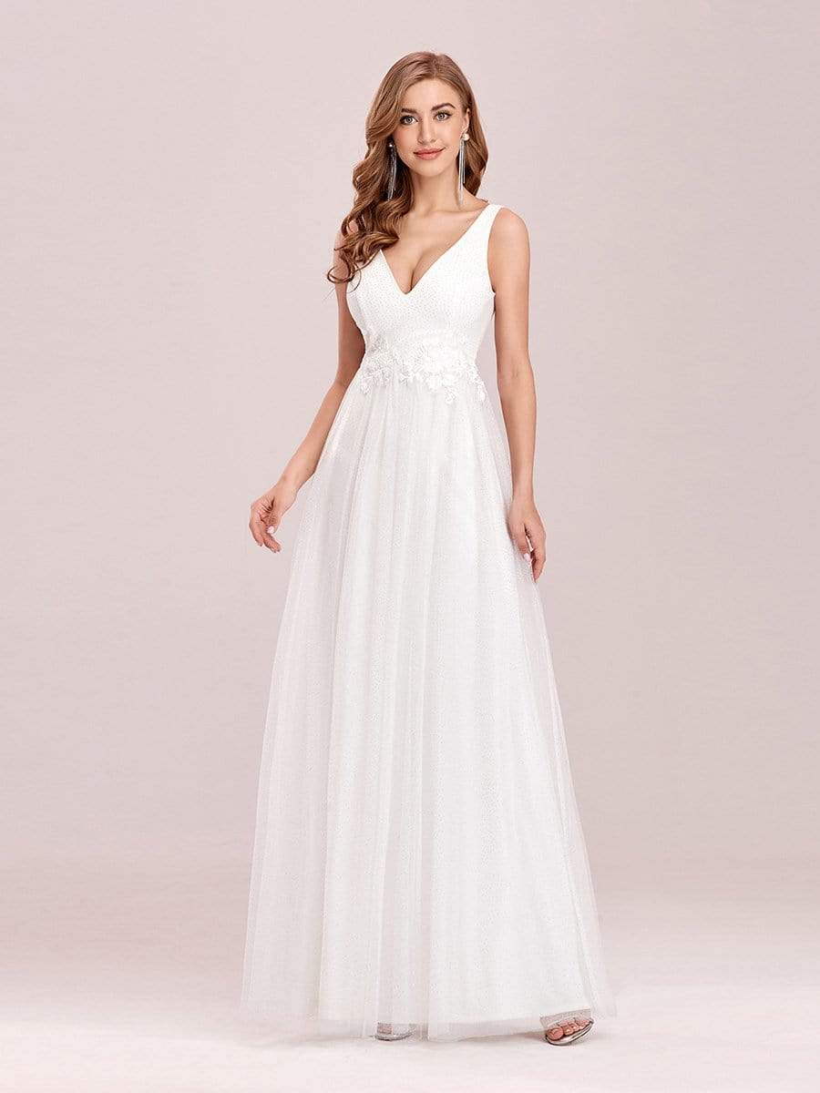 Color=Cream | Elegant Deep Double V Neck Tulle Evening Dress With Appliques-Cream 6