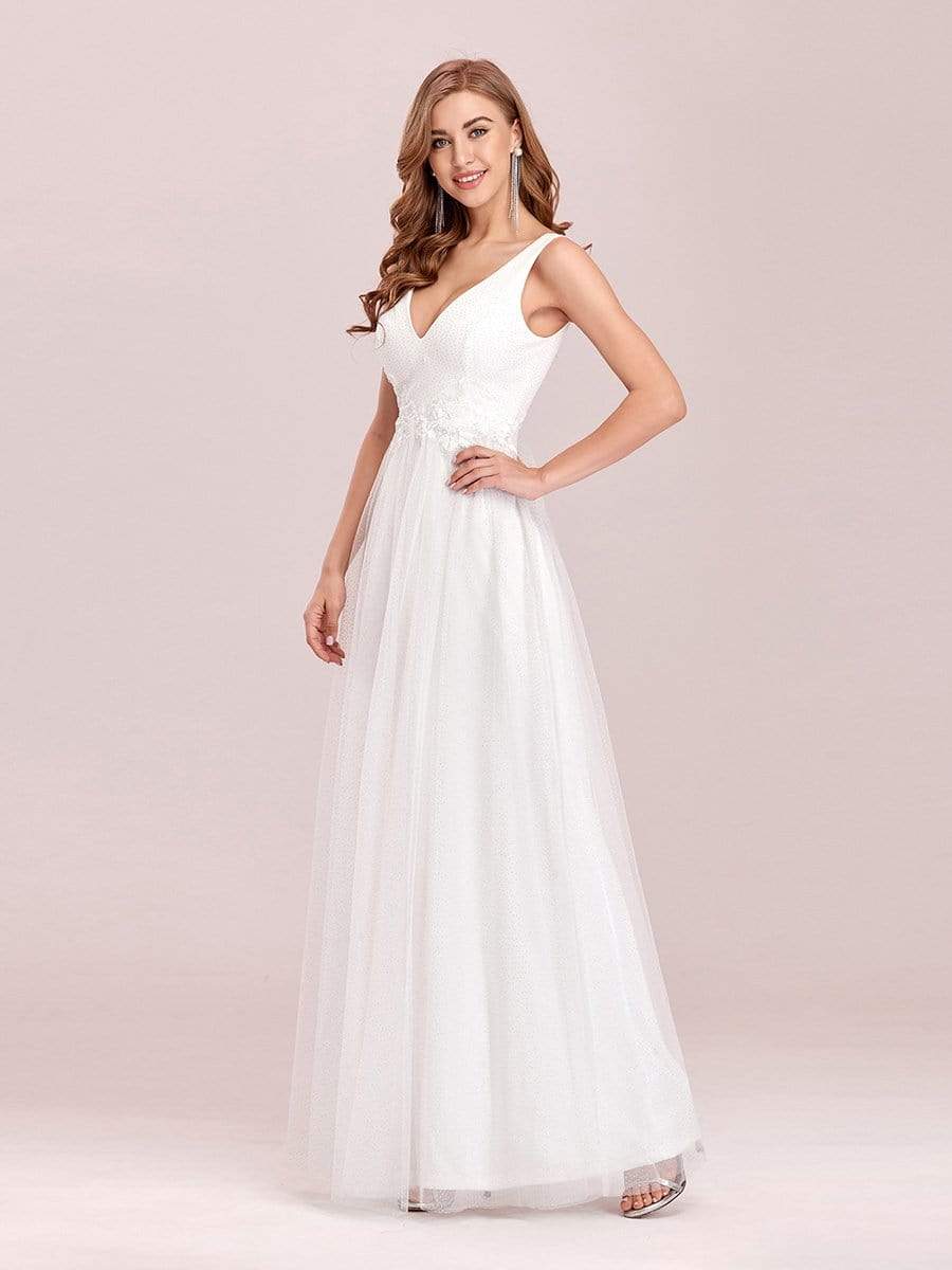 Color=Cream | Elegant Deep Double V Neck Tulle Evening Dress With Appliques-Cream 7