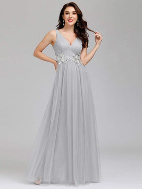 Color=Grey | Elegant Deep Double V Neck Tulle Evening Dress With Appliques-Grey 9
