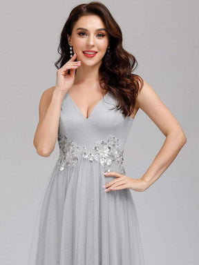Color=Grey | Elegant Deep Double V Neck Tulle Evening Dress With Appliques-Grey 10
