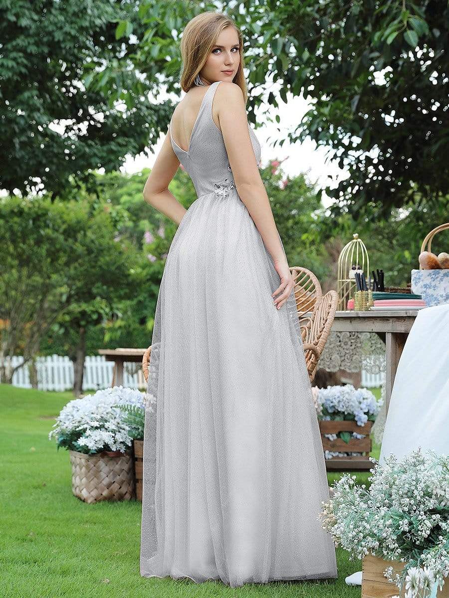 Color=Grey | Elegant Deep Double V Neck Tulle Evening Dress With Appliques-Grey 2