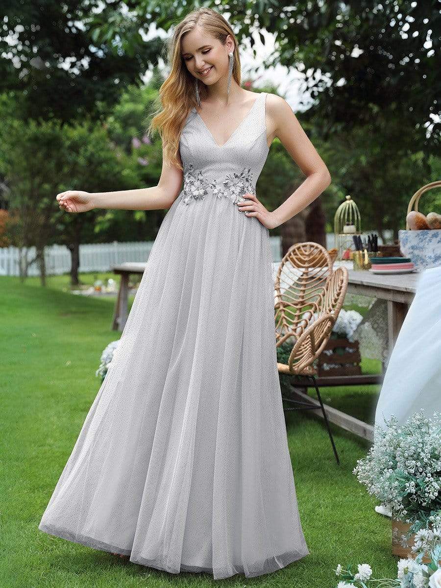 Color=Grey | Elegant Deep Double V Neck Tulle Evening Dress With Appliques-Grey 1