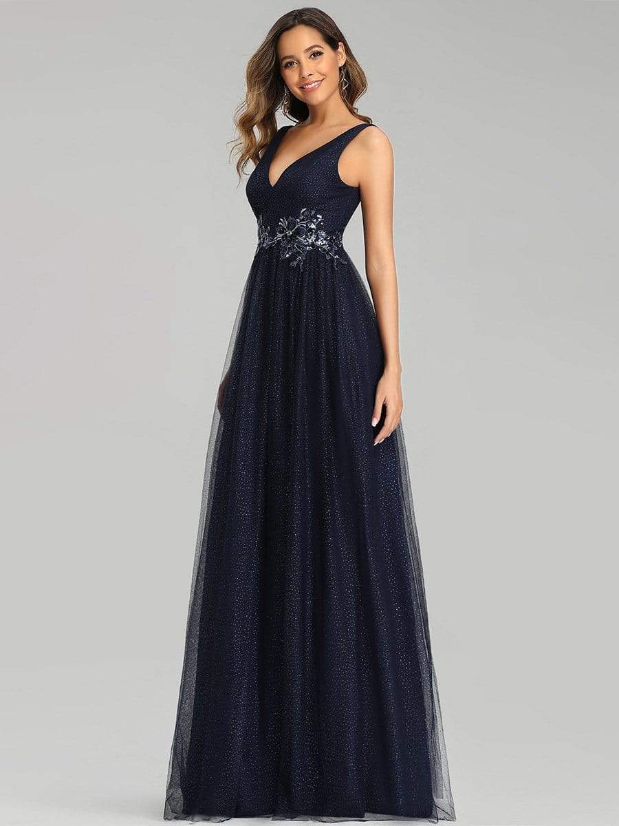 Color=Navy Blue | Elegant Deep Double V Neck Tulle Evening Dress With Appliques-Navy Blue 7