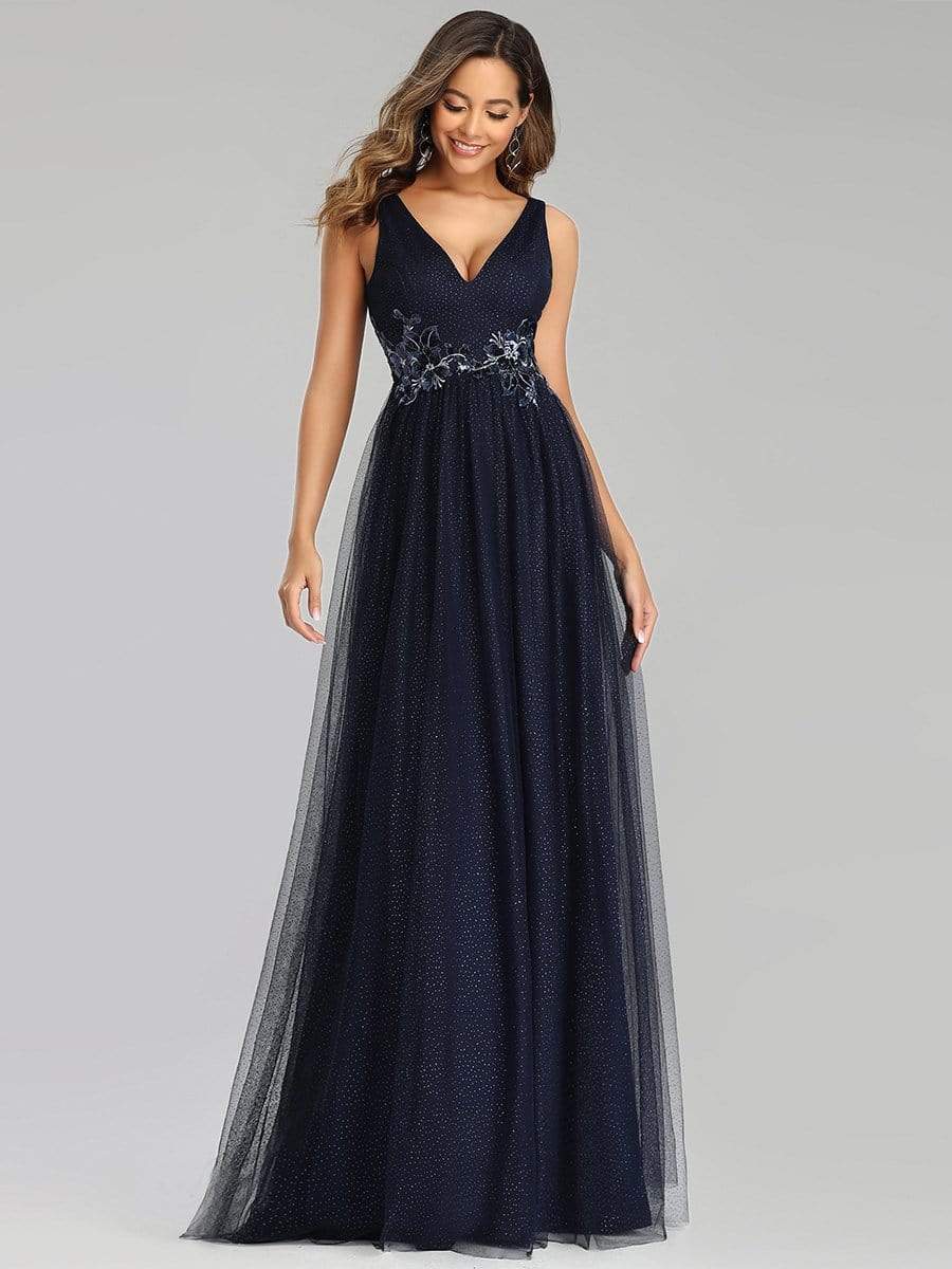 Color=Navy Blue | Elegant Deep Double V Neck Tulle Evening Dress With Appliques-Navy Blue 8