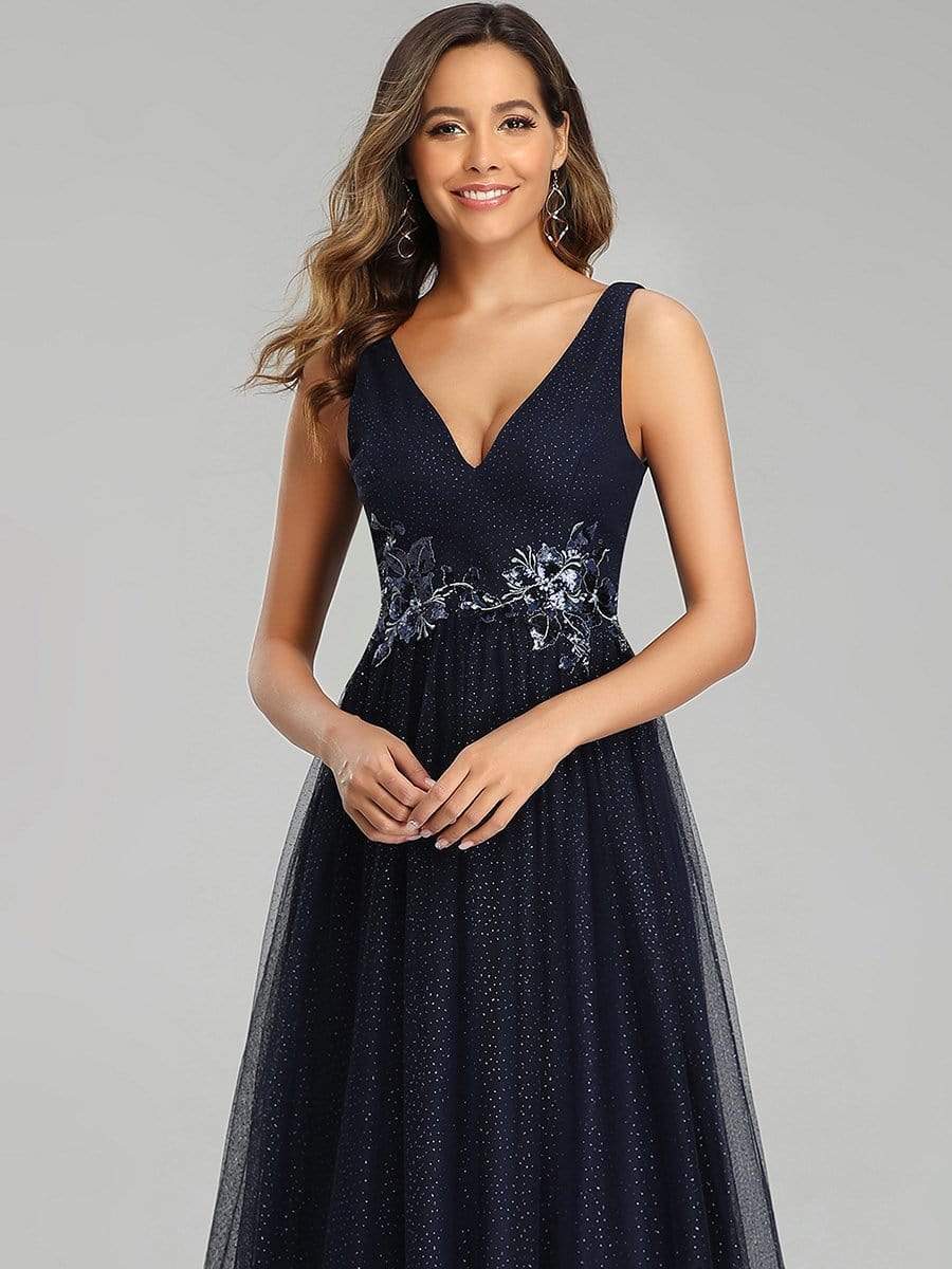 Color=Navy Blue | Elegant Deep Double V Neck Tulle Evening Dress With Appliques-Navy Blue 3