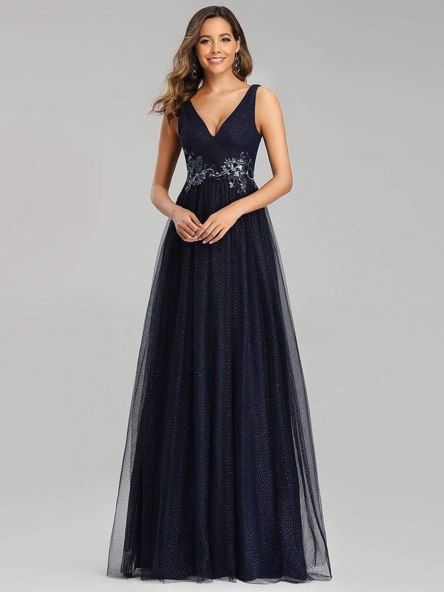 Color=Navy Blue | Elegant Deep Double V Neck Tulle Evening Dress With Appliques-Navy Blue 5