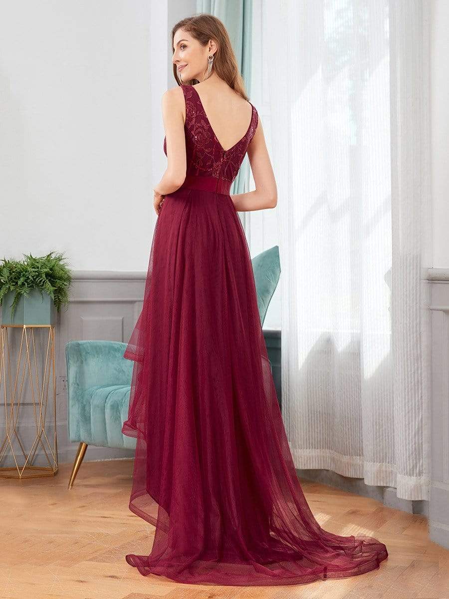 Color=Burgundy | Fashion High-Low Deep V Neck Tulle Evening Dresses With Sequin Appliques-Burgundy 2