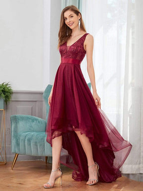 Color=Burgundy | Fashion High-Low Deep V Neck Tulle Evening Dresses With Sequin Appliques-Burgundy 3
