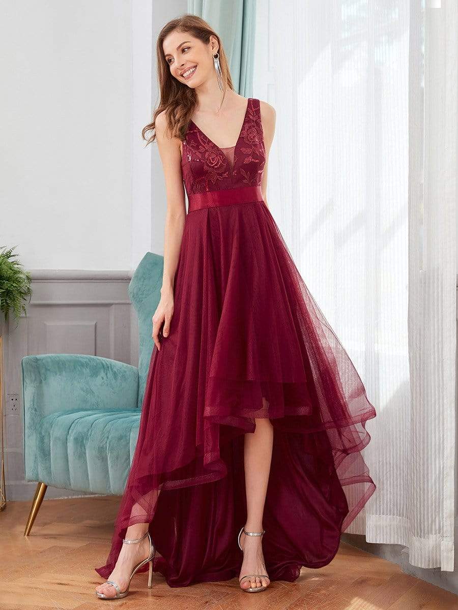 Color=Burgundy | Fashion High-Low Deep V Neck Tulle Evening Dresses With Sequin Appliques-Burgundy 4