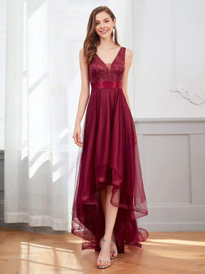 Color=Burgundy | Fashion High-Low Deep V Neck Tulle Evening Dresses With Sequin Appliques-Burgundy 1