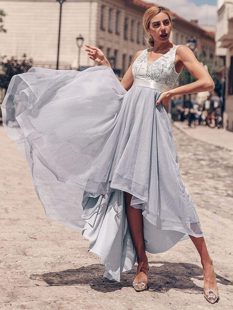 Color=Grey | Fashion High-Low Deep V Neck Tulle Evening Dresses With Sequin Appliques-Grey 4