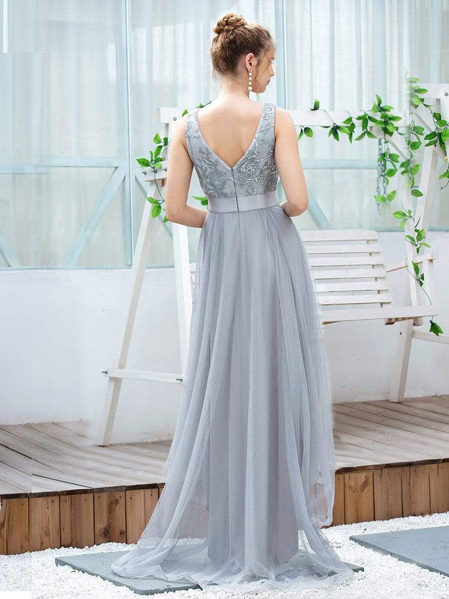 Color=Grey | Fashion High-Low Deep V Neck Tulle Evening Dresses With Sequin Appliques-Grey 9
