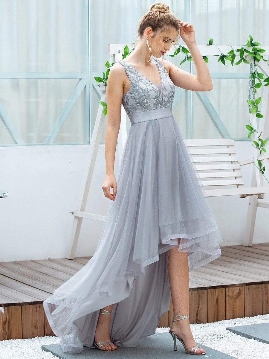 Color=Grey | Fashion High-Low Deep V Neck Tulle Evening Dresses With Sequin Appliques-Grey 10