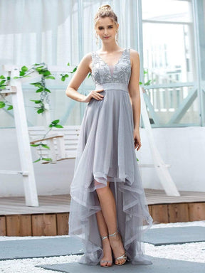 Color=Grey | Fashion High-Low Deep V Neck Tulle Evening Dresses With Sequin Appliques-Grey 11