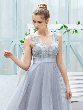 Color=Grey | Fashion High-Low Deep V Neck Tulle Evening Dresses With Sequin Appliques-Grey 12