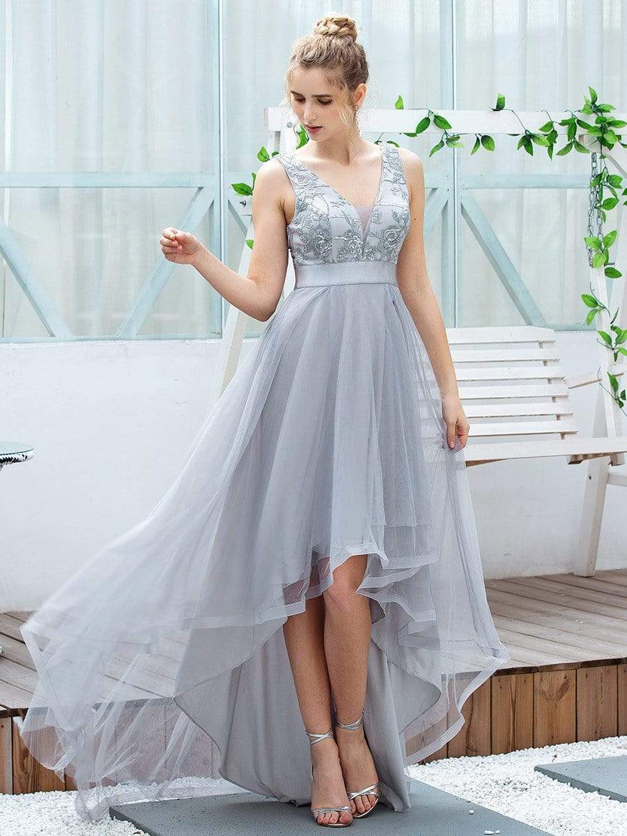 Color=Grey | Fashion High-Low Deep V Neck Tulle Evening Dresses With Sequin Appliques-Grey 8
