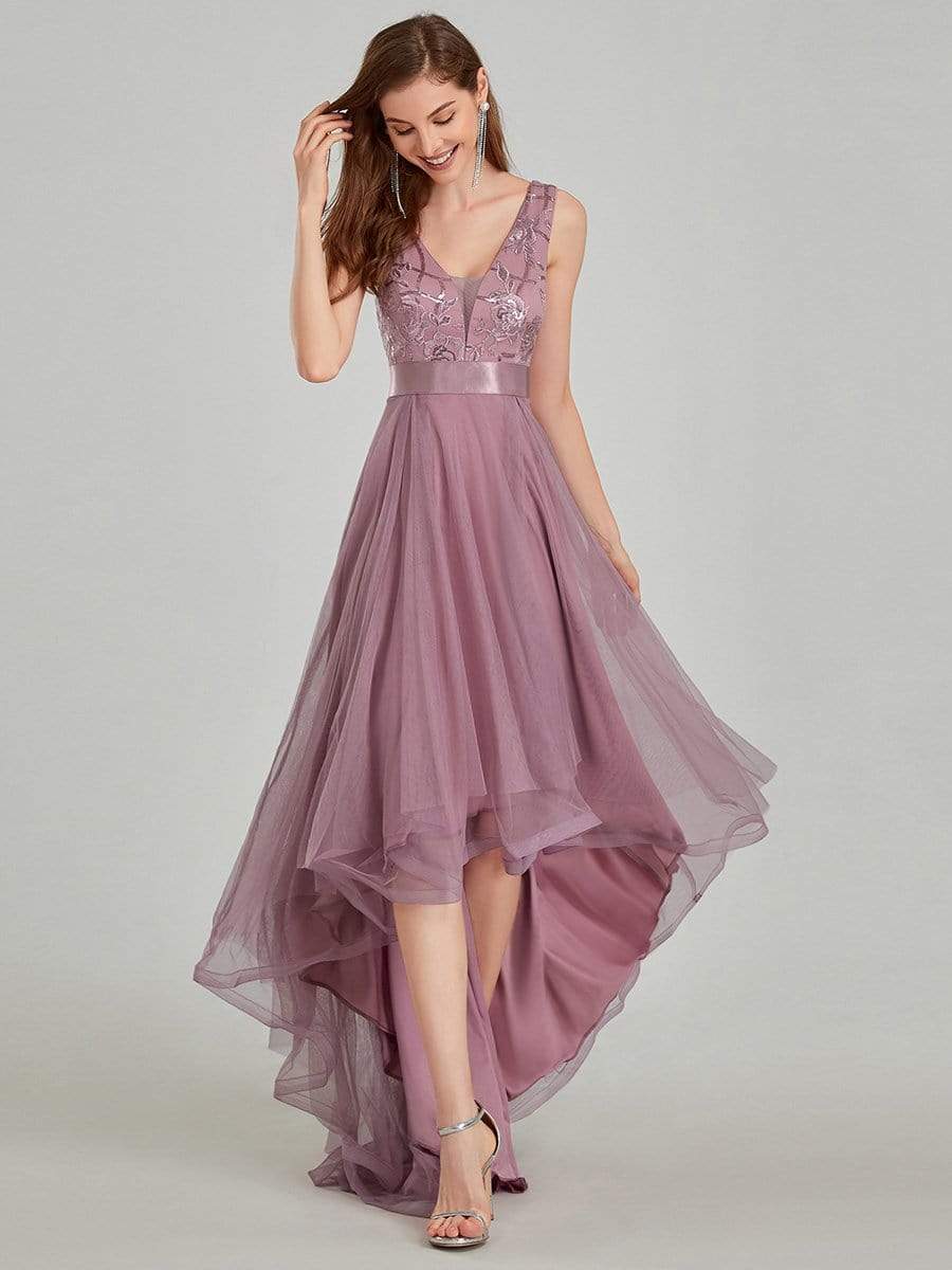 Color=Purple Orchid | Fashion High-Low Deep V Neck Tulle Evening Dresses With Sequin Appliques-Purple Orchid 9